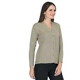 ladywillington Lady Willington Women Woolen V-Neck Self Design Cardigan Heavy Daffodil Fabric Cardigan Winter Wear Pure Wool Cardigan for Women Free Size Long Cotty Fully Warm Cardigans (S, Dusty Green)-picture-26