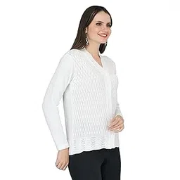 ladywillington Lady Willington Women Woolen V-Neck Self Design Cardigan Heavy Daffodil Fabric Cardigan Winter Wear Pure Wool Cardigan for Women Free Size Long Cotty Fully Warm Cardigans (XS, White)-picture-17