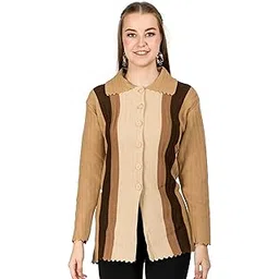 ladywillington Lady Willington Women's Woolen Double Collar Neck Printed Design Heavy Rainbow Fabric Cardigan - Pure Wool Winter Wear-picture-21