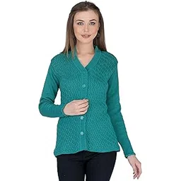 ladywillington Lady Willington Women's Woolen V-Neck Self Design Cardigan - Heavy Daffodil Fabric Winter Wear Pure Wool Long Cotty Fully Warm (S, Grassy Green)-picture-35