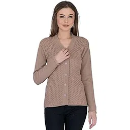 ladywillington Lady Willington Women's Woolen V-Neck Self Design Cardigan - Heavy Daffodil Fabric Winter Wear Pure Wool Long Cotty Fully Warm (XS, Walnut)-picture-27
