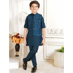 Lagorii Boys Mandarin Collar Sequinned Pure Silk Kurta With Trousers & Waistcoat-picture-35
