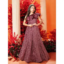 Lagorii Girls Ethnic Motifs Embroidered Ruffles Velvet Fit & Flare Maxi Dress-picture-34
