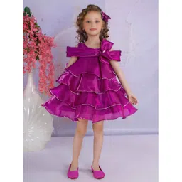 Lagorii Organza Woven Cold Shoulder Sleeves Rhinetones Embellished & Bow Applique Detailed Layered Dress - Fuchsia-picture-13