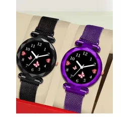 LAKSH Unisex Set of 2 Dial & Leather Straps Analogue Watch Mag Flower BLK+PurpleWS-picture-26