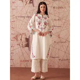Lakshita Women Ivory Embroidered Cotton Slub Kurti-picture-19