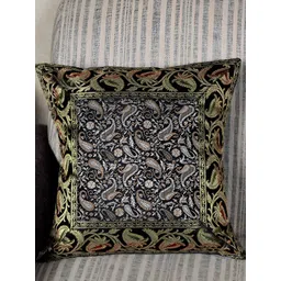 Lal Haveli Black & Gold Toned Ethnic Motif Silk Square Cushion Cover-picture-13