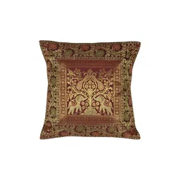 Lal Haveli Maroon & Gold Toned Ethnic Motif Silk Square Cushion Cover-picture-30