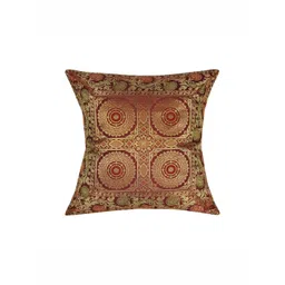Lal Haveli Maroon & Gold Toned Ethnic Motif Silk Square Cushion Cover-picture-34
