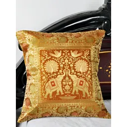 Lal Haveli Mustard & Gold Toned Ethnic Motif Silk Square Cushion Cover-picture-21