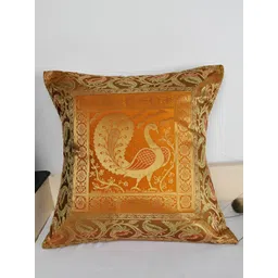 Lal Haveli Mustard & Gold Toned Peacock Motif Silk Square Cushion Cover-picture-35