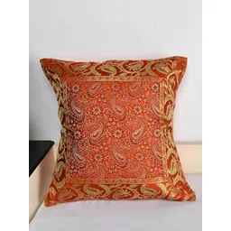 Lal Haveli Orange & Gold Toned Ethnic Motif Silk Square Cushion Cover-picture-10