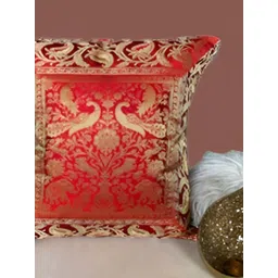 Lal Haveli Red & Gold Toned Ethnic Motif Silk Square Cushion Cover-picture-17