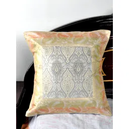 Lal Haveli White & Gold Toned Ethnic Motif Silk Square Cushion Cover-picture-14