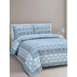 Lali Prints Blue & White Ethnic Motifs 210 TC Cotton King Bedsheet with 2 Pillow Covers-picture-34