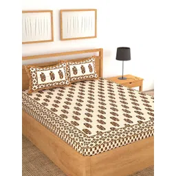 Lali Prints White & Brown Ethnic Motifs Cotton 130 TC Queen Bedsheet with 2 Pillow Covers-picture-18