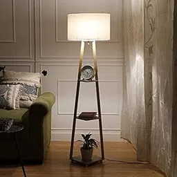 Lamp Crafts Floor Lamp in Solid Wood & Natural Wood with Shelf Blue Shade for Living Room,Bedrooms,Colour (Beige)-picture-12