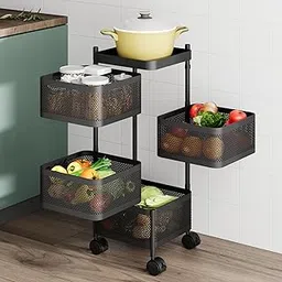 LAPO 4-Tier Vegetable Stand, Metal Rotating Kitchen Vegetable Storage Rack, Spice Rack, Vegetable & Fruit Storage, Onion Potato Rack for Kitchen, Rotating Storage Basket (Square Shape, Black)-picture-13