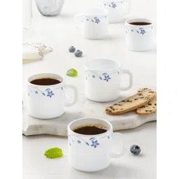 Larah by BOROSIL Blue & White 6 Pieces Floral Printed Opalware Matte Mugs 100 ML Each-picture-21