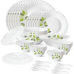 Larah by Borosil Green Leaves Silk Series Opalware Dinner Set | 35 Pieces for Family of 6 | Microwave & Dishwasher Safe | Bone-Ash Free | Crockery Set for Dining & Gifting | Plates & Bowls | White-image-20