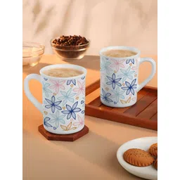 Larah by BOROSIL White & Blue Floral Printed Opalware Matte Mugs Set of Cups and Mugs-picture-14