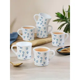 Larah by BOROSIL White & Blue Floral Printed Opalware Matte Mugs Set of Cups and Mugs-picture-30