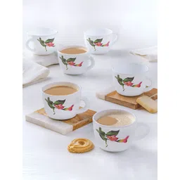 Larah by BOROSIL White & Green 6 Pieces Printed Opalware Glossy Cups - 140 ml Each-picture-19
