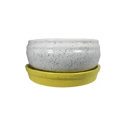 LASAKI White & Yellow 2 Pieces Textured Ceramic Planter With Holder-picture-19