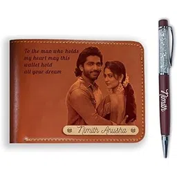 laser guru Personalized Brown Leather Wallet with Name, Photo & Customized Pen - Men's Modern Bi-Fold Gift for Husband, Boyfriend, Father & More-picture-50