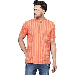 latest chikan Men's Cotton Regular Striped Short Kurta Half Sleeves - Casual Ethnic Wear-picture-10
