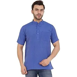 latest chikan Men's Cotton Regular Striped Short Kurta Half Sleeves - Casual Ethnic Wear -SK-PNT-BL-44 Blue-picture-0