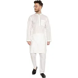 latest chikan Men's Cotton Straight White Long Kurta Full Sleeves - Casual Ethnic Summer Wear-picture-2