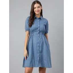 Latin Quarters Blue Cotton Solid A Line Dress-picture-26