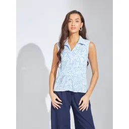 Latin Quarters Blue Print Sleeveless Casual Shirt-picture-22