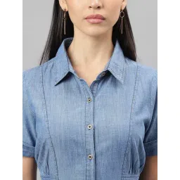 Latin Quarters Blue Solid Short Sleeves A-Line Dress image 5