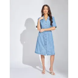 Latin Quarters Blue Solid Short Sleeves Shirt Dress-picture-28