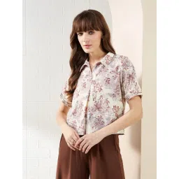 Latin Quarters Brown Half Sleeves Collared Printed Casual Crop Top-image-18