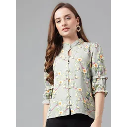Latin Quarters Floral Printed Mandarin Collar Roll-Up Sleeves Shirt Style Top-picture-26