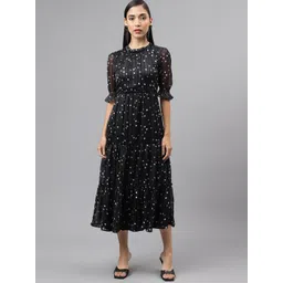 Latin Quarters Round Neck Puff Sleeves Polka Dot Print Fit & Flare Midi Dress-picture-38
