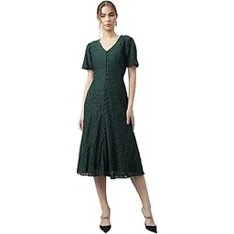 latin quarters Women Green Round Neck Short Sleeves Solid A-Line Dress for Casual Wear-picture-12