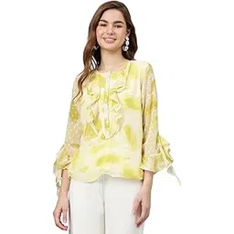 latin quarters Women Yellow Round Neck Three-Quarter Sleeves Printed Top for Casual Wear-picture-35