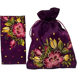 lavanya fashions Lavanya Latest Fashions | Traditional Potli Bags with Envelope Set for Special Occasion Wedding | Traditional Party Favor Bags | Combo of potli Purse and Envelope | Silk Fabric Embroidered Purple-picture-10