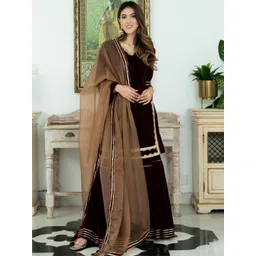 Lavanya The Label Women Maroon Velvet Kurti with Sharara & With Dupatta-picture-36