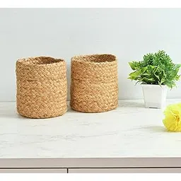 LaVichitra Braided Jute Baskets Planter Basket- Set Of 2 (6 Inch)-Beige, Round-image-21