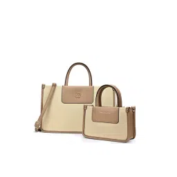 LAVIE Signature Beige Canva Textured Large Leather Satchel Combo Set-picture-35