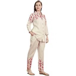 Women's Floral Printed Rayon Co-Ord Set, Cream with Pink Flowers, Button-Down Top and Pants-image-12