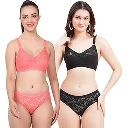 layeba Women's Full Coverage Lace Lingerie Set, Non-Padded Bra and Panty, Pack of 2, Coral and Black-picture-25
