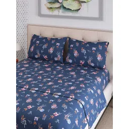 Layers Emaline Blue Floral Cotton 144 TC King Bedsheet with 2 Pillow Covers-picture-16