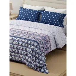 Layers Forever White & Blue Cotton Ethnic 120 TC Flat King Bedsheet with 2 Pillow Covers-picture-43
