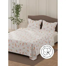 Layers Lumina Floret White & Orange Cotton Floral 140 TC Flat Double Bedsheet with 2 Pillow Covers-picture-33